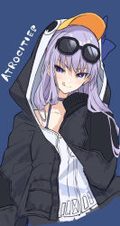 Rule 34 | 1girl, animal hood, black jacket, blue background, blue bow, blue eyes, bow, breasts, choker, closed mouth, collarbone, eyewear on head, fate/grand order, fate (series), hair between eyes, hood, jacket, licking lips, long hair, long sleeves, looking at viewer, meltryllis, meltryllis (fate), meltryllis (swimsuit lancer) (fate), meltryllis (swimsuit lancer) (first ascension) (fate), penguin hood, purple hair, simple background, sleeves past fingers, sleeves past wrists, small breasts, smile, solo, sunglasses, teshima nari, tongue, tongue out, very long hair