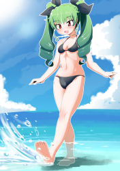 Rule 34 | 1girl, anchovy (girls und panzer), bikini, breasts, cloud, cloudy sky, cro, drill hair, fang, girls und panzer, green hair, hair ribbon, highres, navel, ocean, open mouth, red eyes, ribbon, sky, small breasts, solo, swimsuit, water