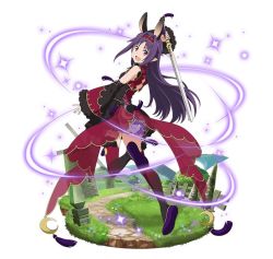 Rule 34 | 1girl, animal ears, arm up, detached sleeves, floating hair, full body, holding, holding sword, holding weapon, leg up, long hair, looking at viewer, looking back, purple hair, rabbit ears, red eyes, red thighhighs, simple background, solo, sword, sword art online, thighhighs, very long hair, weapon, white background, yuuki (sao)