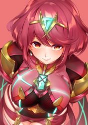 Rule 34 | 1girl, armor, breasts, covered navel, cowboy shot, earrings, fingerless gloves, from above, gem, gloves, glowing, gorget, headpiece, jewelry, large breasts, looking at viewer, neon trim, nintendo, pink background, pyra (xenoblade), red eyes, red hair, red shorts, short hair, shorts, shoulder armor, simple background, skin tight, smile, solo, standing, swept bangs, takatun223, tiara, xenoblade chronicles (series), xenoblade chronicles 2