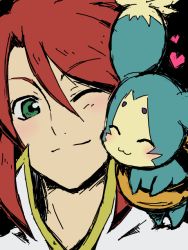 Rule 34 | 00s, 1boy, blush, creature, green eyes, hanosuke, luke fon fabre, male focus, mieu (tales), one eye closed, red hair, smile, solo, tales of (series), tales of the abyss, wink