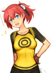 Rule 34 | 1girl, aiba ami, black skirt, blue eyes, breasts, collarbone, digimon, digimon story: cyber sleuth, getter ichi, gloves, goggles, goggles on head, leaning to the side, looking at viewer, medium breasts, open mouth, print shirt, raglan sleeves, red hair, shirt, side ponytail, skirt, smile, upper body, white background, yellow shirt