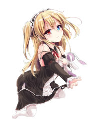 Rule 34 | 1girl, absurdres, all fours, bare shoulders, black dress, blonde hair, blue eyes, boku wa tomodachi ga sukunai, closed mouth, detached collar, detached sleeves, dress, frilled dress, frilled sleeves, frills, full body, gothic lolita, hair between eyes, hair ribbon, hairband, hand on own chest, hasegawa kobato, heterochromia, highres, holding, holding stuffed toy, lolita fashion, lolita hairband, long hair, looking at viewer, red eyes, ribbon, simple background, solo, spaghetti strap, stuffed animal, stuffed rabbit, stuffed toy, thighhighs, toshizou (0714), two side up, very long hair, white background, white thighhighs