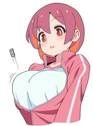 Rule 34 | 1girl, :o, breasts, bursting breasts, colored inner hair, commentary, cropped torso, hair between eyes, jacket, large breasts, light blush, long sleeves, multicolored hair, murosaki miyo, noyama takenoko, onii-chan wa oshimai!, open mouth, partially unzipped, popped zipper, red eyes, red hair, shirt, simple background, solo, track jacket, two-tone hair, upper body, white background, white shirt, zipper pull tab
