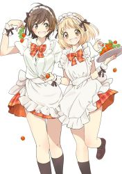 Rule 34 | 10s, 2girls, :d, ahoge, apron, apron to kase-san, asagao to kase-san, black socks, blonde hair, blush, bow, bowtie, bra, bra peek, brown eyes, brown hair, commentary request, food, fruit, hand up, holding, holding food, holding fruit, holding tray, kase (kase-san), kneehighs, loafers, looking at another, looking at viewer, maid, maid headdress, multiple girls, official art, open mouth, orange skirt, plaid, plaid bow, plaid skirt, pleated skirt, puffy short sleeves, puffy sleeves, shirt, shoes, short hair, short sleeves, simple background, skirt, smile, socks, strawberry, takashima hiromi, tray, underwear, waist apron, white background, white shirt, wrist cuffs, yamada (kase-san)