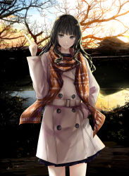 Rule 34 | 1girl, backlighting, belt, black eyes, black hair, blunt bangs, building, buttons, chef no kimagure salad, closed mouth, cloud, coat, cover image, cowboy shot, day, female focus, hanashima-san, highres, long hair, long sleeves, looking at viewer, novel illustration, official art, outdoors, pleated skirt, pond, scarf, sidelocks, skirt, sky, smile, solo, textless version, tree, water