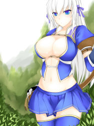 Rule 34 | 1girl, azure (armor), bad id, bad pixiv id, belt, blue eyes, breasts, capcom, cleavage, dean (momodean), highres, large breasts, long hair, monster hunter, monster hunter (series), monster hunter frontier, navel, ribbon, skirt, solo, thighhighs, white hair, zettai ryouiki