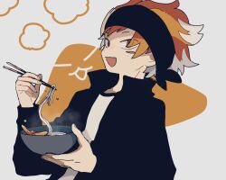 Rule 34 | 1boy, :3, blush stickers, bowl, chopsticks, food, headband, holding, holding bowl, holding chopsticks, jacket, long sleeves, looking at viewer, maco22, male focus, multicolored hair, noodles, open mouth, orange eyes, orange hair, original, popped collar, smile, solo, steam, upper body, white hair
