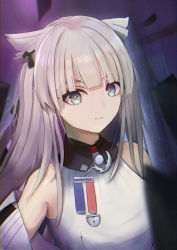 Rule 34 | 1girl, akahoshi azu, animal ears, arknights, arknights: endfield, bare shoulders, blue eyes, blurry, blurry foreground, closed mouth, commentary request, depth of field, dress, eyebrows hidden by hair, highres, jacket, long hair, looking at viewer, off shoulder, perlica (arknights), sleeveless, sleeveless dress, smile, solo, thick eyebrows, white dress, white jacket