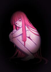Rule 34 | 1girl, :/, absurdres, arms on knees, black background, blunt bangs, breasts, colored eyelashes, commentary request, completely nude, crossed arms, from side, full body, hair flowing over, highres, kotonoha akane, light blush, lips, long hair, looking at viewer, looking to the side, low-tied sidelocks, medium breasts, namagomi gohan, nude, pink hair, red eyes, sidelocks, solo, squatting, very long hair, vignetting, voiceroid