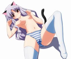 Rule 34 | 1girl, absurdres, animal ears, azmaria hendric, blue panties, blush, breasts, cameltoe, cat ears, cat tail, chrno crusade, cleft of venus, flat chest, highres, light purple hair, long hair, lying, nipples, no bra, on back, panties, paw pose, petite, pussy juice, red eyes, small breasts, solo, spread legs, striped clothes, striped panties, sugimura tomokazu, tail, thighhighs, topless, underwear, underwear only, wet, wet clothes, wet panties, white thighhighs