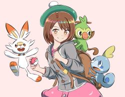 Rule 34 | 1girl, blush, brown eyes, brown hair, child, creatures (company), dress, female focus, flat chest, game freak, gen 8 pokemon, gloria (pokemon), grey jacket, grookey, happy, hat, jacket, jumping, looking at viewer, looking to the side, nintendo, pink dress, pokemon, pokemon (creature), pokemon swsh, scorbunny, sharkudon, short hair, simple background, size difference, smile, sobble, standing, tail, tam o&#039; shanter