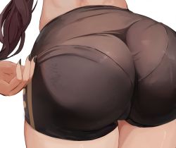 Rule 34 | 1girl, absurdres, ass, ass focus, black nails, black shorts, close-up, commentary, from behind, genshin impact, highres, hu tao (genshin impact), long hair, mirai hikari, nail polish, pantylines, short shorts, shorts, simple background, solo, thick thighs, thighs, unfinished, white background