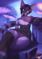 Rule 34 | 1girl, animal ears, black hair, blue eyes, blue sclera, blurry, blurry background, blurry foreground, bracer, brown choker, brown skirt, brown thighhighs, cat ears, cat tail, choker, cleft of venus, closed mouth, colored sclera, colored skin, crossed legs, depth of field, earrings, flat chest, furry, furry female, green vest, head tilt, highres, jewelry, laurie (personal ami), leaning back, long eyebrows, long pointy ears, looking at viewer, miniskirt, nipples, no bra, notched ear, off shoulder, original, personal ami, pointy ears, purple fur, purple skin, pussy, seductive smile, short hair, sidelocks, signature, sitting, skirt, smile, smug, solo, tail, thighhighs, topless, uncensored, vest