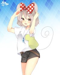 Rule 34 | 1girl, :d, abe suke, alternate costume, animal ears, arms up, belt, black shorts, blush, bow, brown eyes, cowboy shot, grey hair, hair bow, highres, jewelry, looking at viewer, mouse ears, mouse tail, nazrin, necklace, open mouth, polka dot, polka dot bow, shirt, short hair, short sleeves, shorts, signature, smile, solo, tail, touhou, white shirt