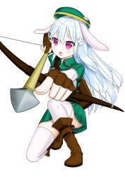 Rule 34 | 1girl, absurdres, animal ears, archer (fate), arrow (projectile), boots, bow (weapon), drawing bow, fate (series), fingerless gloves, foreshortening, full body, gloves, green hat, hat, highres, holding, holding bow (weapon), holding weapon, layered sleeves, long hair, long sleeves, on one knee, original, purple eyes, rabbit ears, short over long sleeves, short sleeves, simple background, solo, thigh boots, thighhighs, user pgkp8782, weapon, white background, white hair, white thighhighs