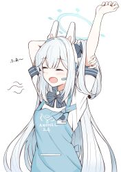 Rule 34 | 1girl, angel&#039;s 24 uniform (blue archive), animal ears, apron, arm up, black bow, black bowtie, blue apron, blue archive, blue halo, blush, bow, bowtie, closed eyes, clothes writing, collared shirt, earpiece, fake animal ears, grey hair, halo, highres, karikura (atatata71), long hair, miyako (blue archive), official alternate costume, one side up, open mouth, polo shirt, rabbit ears, shirt, short sleeves, simple background, solo, white background, white shirt