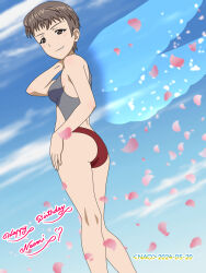 Rule 34 | 1girl, ass, birthday, blush, breasts, brown eyes, brown hair, freckles, girls und panzer, happy birthday, looking at viewer, naomi (girls und panzer), naotosi, short hair, small breasts, solo, swimsuit