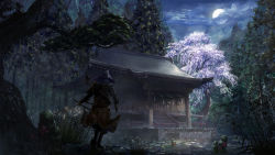Rule 34 | 1boy, absurdres, architecture, arrow (projectile), bow (weapon), commentary, east asian architecture, helmet, highres, holding, holding bow (weapon), holding weapon, male focus, moon, night, original, outdoors, quiver, saito (esu), scenery, shrine, solo, weapon