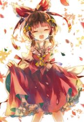Rule 34 | 1girl, absurdres, ascot, cha goma, detached sleeves, closed eyes, hair ribbon, hair tubes, hakurei reimu, happy, highres, huge filesize, japanese clothes, long sleeves, miko, open mouth, petals, ribbon, scan, shirt, short hair, skirt, skirt hold, skirt set, smile, solo, touhou, white background, wide sleeves