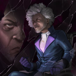 Rule 34 | &gt;:(, 1boy, collar, commentary, crack, cracked glass, elijah price, english commentary, facial hair, formal, glass (movie), gloves, grey beard, grey hair, highres, initial, looking at viewer, nikusenpai, purple collar, purple gloves, sitting, suit, the eastrail 177 trilogy, v-shaped eyebrows, wheelchair