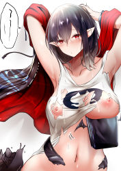 Rule 34 | 1girl, absurdres, arknights, armpits, arms up, bare shoulders, black hair, breasts, closure (arknights), collarbone, commentary request, covered erect nipples, hair between eyes, highres, kokihanada, large breasts, long hair, lungmen dollar, money, navel, nipples, pointy ears, red eyes, solo, speech bubble, stomach, tank top, torn clothes, upper body, white tank top