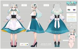Rule 34 | 1girl, ahoge, back bow, bell, black corset, black footwear, black nails, blonde hair, blue eyes, bow, character sheet, chinese commentary, closed mouth, clothing cutout, commentary, commentary request, corset, detached sleeves, dress, english commentary, english text, gradient background, green bow, green eyes, green hair, grey hair, heart, heart cutout, heterochromia, high heels, indie virtual youtuber, mimori rui, mixed-language commentary, multicolored hair, multiple views, musical note, nail polish, panties, pink socks, pointy ears, second-party source, smile, socks, streaked hair, striped clothes, striped socks, twitter username, underwear, virtual youtuber, white bow, white panties, yanagicucumber