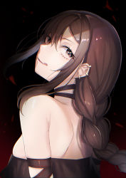 Rule 34 | 1girl, absurdres, bare shoulders, black dress, blush, braid, braided ponytail, breasts, brown eyes, brown hair, dress, earrings, fate/grand order, fate (series), highres, jewelry, large breasts, long hair, looking at viewer, looking back, smile, solo, yu mei-ren (fate), yufou
