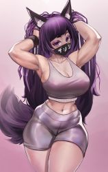 Rule 34 | 1girl, animal ears, armpits, arms up, black mask, borrowed character, breasts, cleavage, gakibaki, gradient background, grey shorts, grey sports bra, highres, large breasts, long hair, mask, mitsuki (hanns33694210), mouth mask, navel, original, print mask, purple background, purple eyes, purple hair, shorts, solo, sports bra, swept bangs, tail, thighs, very long hair, wide hips, wolf ears, wolf tail