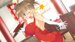 Rule 34 | 1girl, ahoge, ass, backless dress, backless outfit, blurry, blurry background, blush, bowl, breasts, brown eyes, brown hair, chair, china dress, chinese clothes, double bun, dress, elbow gloves, female focus, gloves, hair between eyes, hair bun, hand up, happy, highres, holding, holding tray, indoors, large breasts, looking at viewer, makarou, matching hair/eyes, nose blush, one eye closed, open mouth, red dress, restaurant, sideboob, smile, solo, standing, table, taneshima popura, tray, twisted torso, wink, working!!