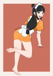 Rule 34 | 1girl, ace attorney, apron, arm support, bare legs, barefoot, black hair, blunt bangs, border, brown background, commentary, dress, english commentary, eyelashes, feet, from behind, full body, grey eyes, hair ornament, half updo, highres, leaning forward, legs, long hair, looking at viewer, looking back, low-tied long hair, maid, maid apron, maid headdress, maya fey, official alternate costume, open mouth, orange dress, parted bangs, shadow, short dress, sidelocks, softhanten, soles, solo, standing, standing on one leg, teeth, thighs, tiptoes, toes, twitter username, upper teeth only, white border