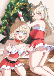Rule 34 | 2girls, :3, :d, :o, alternate costume, animal ear fluff, animal ears, arms up, ass, bandaid, bandaid hair ornament, bare legs, bare shoulders, belly, belt, black belt, blonde hair, blue eyes, blue hair, blue hairband, blurry, blurry background, bow, breasts, christmas, christmas tree, collar, collarbone, colored inner animal ears, commentary, covered sideboob, crop top, diamond-shaped pupils, diamond (shape), dog ears, dog tail, dot nose, dress, english commentary, fang, feet out of frame, floor, from behind, from side, fur trim, fuwawa abyssgard, hair intakes, hair ornament, hair wings, hairband, hairclip, hand up, hanefuro, highres, hololive, hololive english, indoors, kneeling, light blush, long hair, looking at viewer, matching outfits, medium breasts, medium eyebrows, medium hair, midriff, mococo abyssgard, multicolored hair, multiple girls, navel, open mouth, panties, pantyshot, pink eyes, pink hair, pink hairband, pleated skirt, red collar, red dress, red skirt, red theme, romaji commentary, santa costume, shiny skin, skin fang, skirt, small breasts, smile, strapless, streaked hair, symbol-shaped pupils, tail, tube top, underwear, virtual youtuber, white bow, white panties, white trim, white wrist cuffs, wooden floor, wrist cuffs, x hair ornament