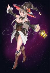 1girl adapted_costume alternate_costume black_dress breasts brown_corset cleavage corrin_(female)_(fire_emblem) corrin_(fire_emblem) corset crescent crescent_hat_ornament crystal_earrings dress earrings emmettart fire_emblem fire_emblem_fates fire_emblem_heroes full_body halloween halloween_costume hat hat_ornament highres jewelry lantern large_breasts nail_polish nintendo off-shoulder_dress off_shoulder outstretched_arms pointy_ears witch witch_hat