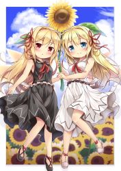 Rule 34 | 2girls, asymmetrical clothes, baku-p, black dress, blonde hair, blue eyes, cloud, day, dress, fairy wings, flower, holding hands, highres, lily black, lily white, long hair, multiple girls, pinstripe pattern, red eyes, shoes, sky, sleeveless, sleeveless dress, smile, striped, sundress, sunflower, touhou, white dress, wings