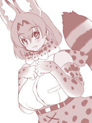 Rule 34 | 1girl, :3, animal ears, blush, bow, bowtie, breast pocket, breasts, closed mouth, elbow gloves, fang, fang out, gloves, hands on own chest, highres, isna (footprintsofisna), kemono friends, large breasts, looking at viewer, monochrome, pocket, serval (kemono friends), serval print, short hair, smile, solo, tail, upper body