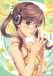 Rule 34 | 1girl, absurdres, bare arms, blue eyes, brown hair, cable, camisole, digital media player, from side, glasses, hair between eyes, hair ornament, hairpin, headphones, highres, koutaro, lipstick, looking at viewer, looking to the side, makeup, nail polish, original, pink nails, ribbon, sleeveless, smile, solo, twintails, upper body