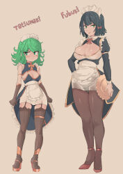 Rule 34 | 2girls, absurdres, alternate costume, apron, bare shoulders, black hair, bow, bowtie, breasts, brown gloves, brown thighhighs, cafin, character name, cleavage, dress, enmaided, female focus, fubuki (one-punch man), full body, garter straps, gloves, green hair, grey background, hair bow, highres, holding, holding plate, juliet sleeves, large breasts, long hair, long sleeves, maid, maid headdress, multiple girls, one-punch man, plate, puffy sleeves, red bow, red bowtie, shiny skin, short dress, short hair, siblings, simple background, sisters, small breasts, smile, standing, tatsumaki, thighhighs, waist apron, white apron