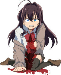 Rule 34 | 1girl, ahoge, black hair, blood, blood on clothes, blue eyes, bow, bowtie, clenched teeth, female focus, hachi (8bit canvas), highres, ichinose shiki, idolmaster, idolmaster cinderella girls, injury, kneeling, long hair, looking at viewer, ryona, simple background, sleeves past wrists, solo, sweater, teeth, white background