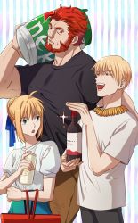 Rule 34 | 1girl, 2boys, :d, :o, alternate costume, alternate hairstyle, artoria pendragon (fate), beard, black shirt, blonde hair, bottle, carrying over shoulder, casual, contemporary, facial hair, fate/zero, fate (series), feet out of frame, gilgamesh (fate), halorane, height difference, highres, holding, iskandar (fate), large pectorals, looking at another, multiple boys, muscular, muscular male, official alternate costume, open mouth, pectorals, red eyes, red hair, shirt, shopping, shopping cart, skinny, smile, smug, wine bottle
