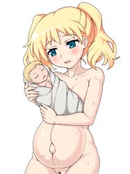 Rule 34 | 1girl, alice cartelet, baby, blonde hair, blue eyes, cleft of venus, highres, kin-iro mosaic, mother and baby, nude, pregnant, pussy, twintails