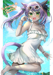 Rule 34 | 1girl, absurdres, animal ears, warrior of light (ff14), breasts, cat ears, cat tail, cleavage, coconut tree, colored skin, commentary request, commission, dress, eyewear on head, feet, final fantasy, final fantasy xiv, frilled dress, frills, green eyes, grey skin, happy, highres, legs, medium breasts, miqo&#039;te, ocean, open mouth, outdoors, palm tree, purple hair, ribbon, signature, skeb commission, solo, summer, sundress, sunglasses, sunlight, tail, tree, twintails, water, white dress, white ribbon, wristband, yam (yamap mako)