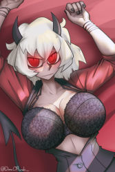 Rule 34 | 1girl, absurdres, bed, bed sheet, black bra, black horns, bra, breasts, cleavage, commentary, danaoharah, demon girl, demon horns, english commentary, glowing, glowing eyes, helltaker, highres, horns, large breasts, looking at viewer, lying, malina (helltaker), on back, red eyes, red shirt, shirt, short hair, sleeves rolled up, unbuttoned, underwear, undressing, vest, white hair