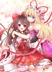 Rule 34 | 2girls, :d, adapted costume, bare shoulders, blonde hair, blue eyes, blush, bow, breasts, brown hair, choker, cleavage, detached sleeves, dress, frills, hair bow, hair tubes, hakurei reimu, hat, hug, japanese clothes, long hair, mob cap, multiple girls, open mouth, rakkyhappy, red eyes, ribbon, ribbon-trimmed sleeves, ribbon trim, skirt, smile, touhou, yakumo yukari