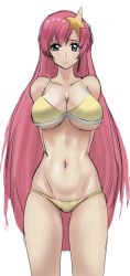 Rule 34 | 1girl, arms behind back, bikini, blue eyes, breasts, cleavage, collarbone, gundam, gundam seed, gundam seed destiny, hair ornament, highres, large breasts, long hair, looking at viewer, matazure panpuappu taro, meer campbell, navel, pink hair, sketch, smile, solo, star (symbol), star hair ornament, swimsuit, very long hair, white background