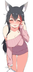 Rule 34 | 1girl, animal ear fluff, animal ears, bare shoulders, black hair, blush, breasts, breath, cleavage, closed eyes, collarbone, hair between eyes, holding, holding sack, hololive, leaning, leaning forward, long hair, mature female, multicolored hair, ookami mio, open mouth, red hair, sack, simple background, sleeves past wrists, smile, solo, streaked hair, sweat, teeth, terazip, upper teeth only, virtual youtuber, white background