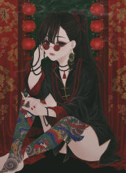 Rule 34 | 1girl, absurdres, bare legs, bird tattoo, black hair, black jacket, bracelet, brown eyes, chinese clothes, cigarette, closed mouth, commentary request, curtains, earrings, fenghuang, foot out of frame, hand up, high ponytail, highres, holding, holding cigarette, indoors, jacket, jewelry, lantern, leg tattoo, long hair, long sleeves, looking at viewer, necklace, no pants, original, paper lantern, pearl necklace, ponytail, red-tinted eyewear, ring, round eyewear, signature, sitting, smoke, smoking, solo, straight hair, sunglasses, tangzhuang, tattoo, tinted eyewear, ushiyama ame