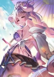 Rule 34 | 1girl, ass, ass focus, azusa (granblue fantasy), azusa (summer) (granblue fantasy), bikini, blush, braid, braided ponytail, breasts, draph, granblue fantasy, hair ornament, hand on own ass, highres, horns, large breasts, long hair, looking at viewer, madopen, official alternate costume, official alternate hairstyle, pointy ears, ponytail, purple bikini, red eyes, skirt, solo, swimsuit, thighs, thong, thong bikini, whale tail (clothing), white hair