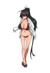 Rule 34 | 1girl, bikini, black hair, blue eyes, breasts, cleavage, female focus, full body, high heels, huge breasts, legs, long hair, navel, open clothes, open shirt, original, ponytail, pumps, rokuichi, shirt, simple background, solo, swimsuit, very long hair, white background