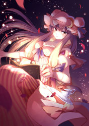 Rule 34 | 1girl, book, breasts, capelet, cleavage, coat, crescent, cup, dress, hair ribbon, hat, light particles, long hair, looking at viewer, open clothes, open coat, patchouli knowledge, petals, purple dress, purple eyes, purple hair, ribbon, solo, striped clothes, striped dress, teacup, touhou, tress ribbon, very long hair, yetworldview kaze