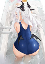 Rule 34 | 1girl, ass, ass focus, bat wings, bathtub, black horns, blue archive, blue one-piece swimsuit, dema hmw, from behind, highres, hina (blue archive), hina (swimsuit) (blue archive), horns, long hair, looking at viewer, looking back, low wings, one-piece swimsuit, partially submerged, purple eyes, school swimsuit, solo, swimsuit, water, wet, wet hair, white hair, wings